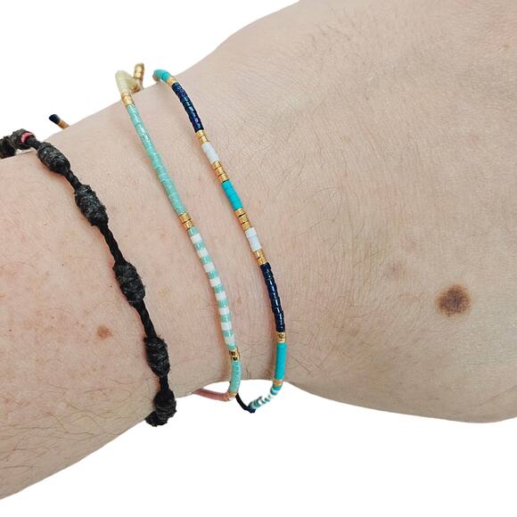 Beaded Adjustable Bracelet Set of Two Blue Pink Boho Casual Faerie - Picture 1 of 6